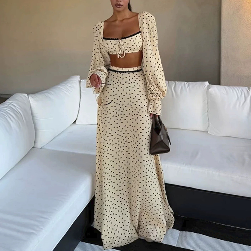 H&M Summer Two Piece Casual Polka Dot Crop Top Long Skirt Set